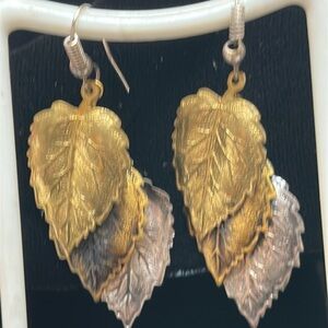 Gold and Silver Fall Leaf Fish hook Drop Earrings - 2” Drop